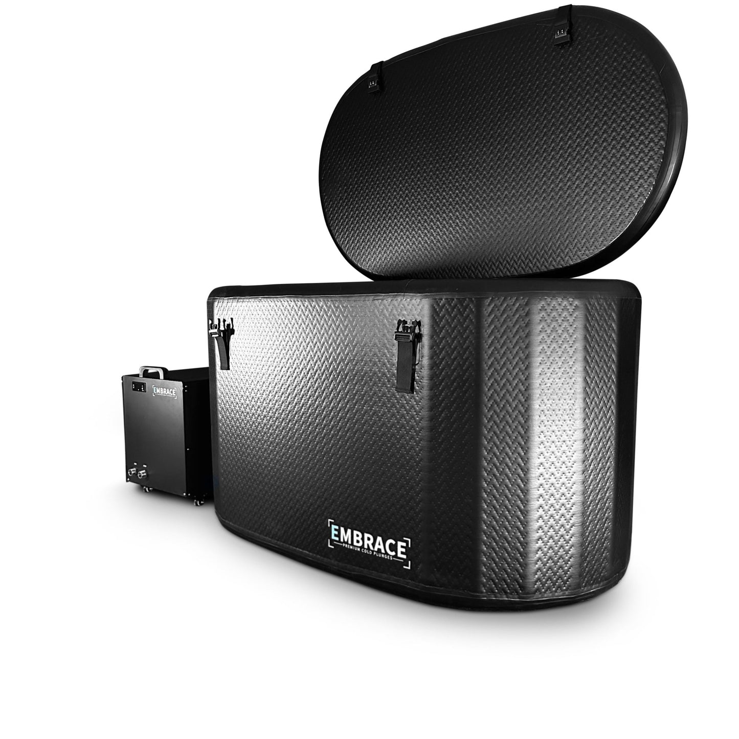 Embrace a limitless portable cold plunge with 1hp chiller right angle view with the lid closed.
